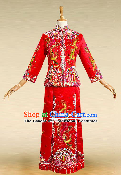 Traditional Ancient Chinese Costume Nail Bead Xiuhe Suits, Chinese Style Wedding Bride Full Dress, Restoring Ancient Women Red Embroidered Dragon and Phoenix Flown, Bride Toast Cheongsam for Women