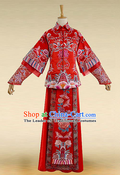 Traditional Ancient Chinese Costume Xiuhe Suits, Chinese Style Wedding Bride Full Dress, Restoring Ancient Women Red Embroidered Flowers Phoenix Slim Flown, Bride Toast Cheongsam for Women