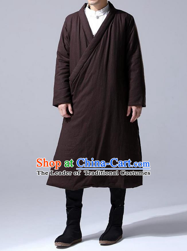 Traditional 	 Top Chinese National Tang Suits Flax Frock Costume, Martial Arts Kung Fu Slant Opening Coffee Hanfu Long Gown, Kung fu Plate Buttons Unlined Upper Garment Coat, Chinese Taichi Cotton-Padded Robes Wushu Clothing for Men