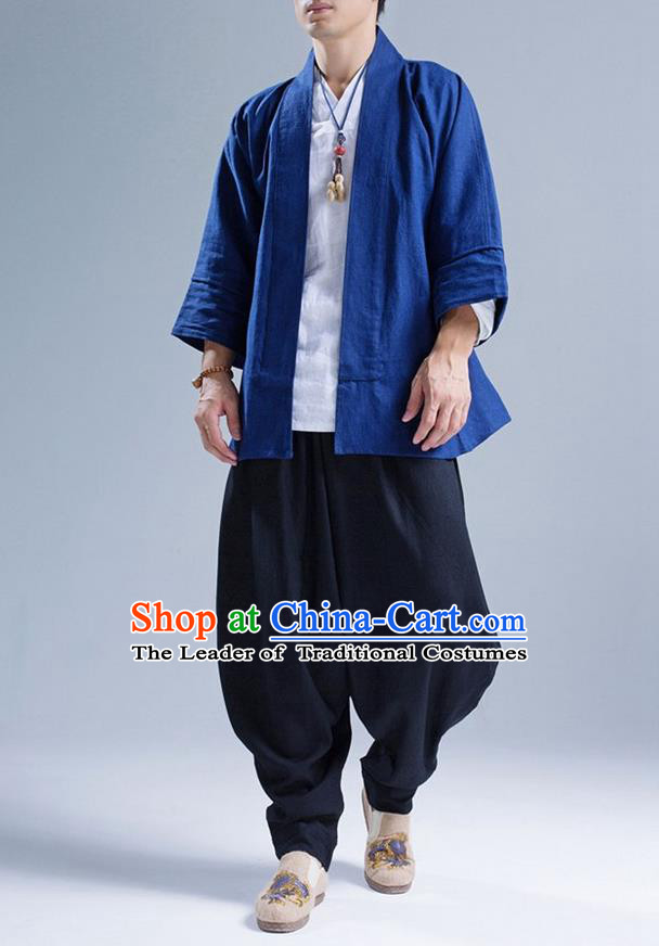 Traditional Top Chinese National Tang Suits Flax Frock Costume, Martial Arts Kung Fu Blue Short Cardigan, Kung fu Unlined Upper Garment Zen Coat, Chinese Taichi Coats Wushu Clothing for Men