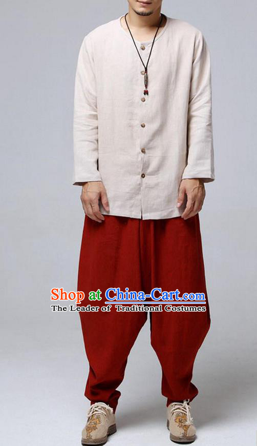 Traditional Top Chinese National Tang Suits Flax Frock Costume, Martial Arts Kung Fu Front Opening Beige Blouse, Kung fu Unlined Upper Garment, Chinese Taichi Shirts Wushu Clothing for Men