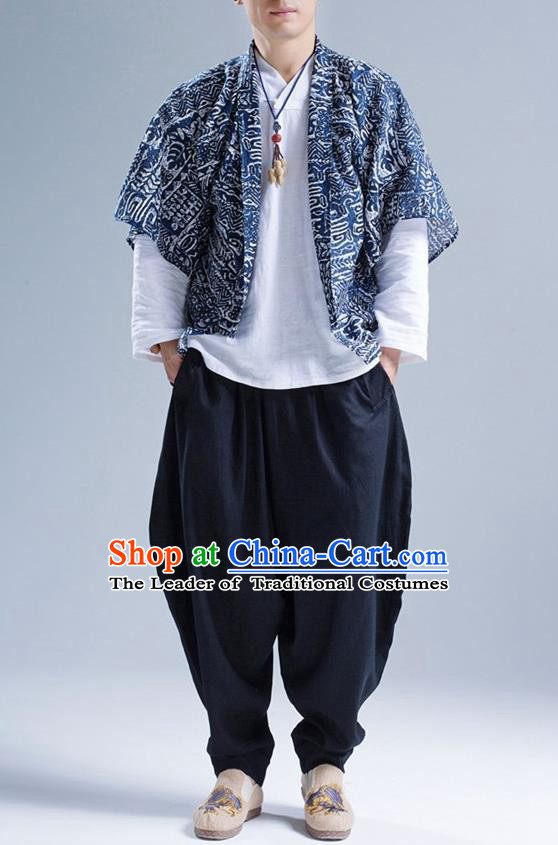 Traditional Top Chinese National Tang Suits Linen Frock Costume, Martial Arts Kung Fu Printing Batik Cardigan, Kung fu Thin Upper Outer Garment, Chinese Taichi Thin Coats Wushu Clothing for Men