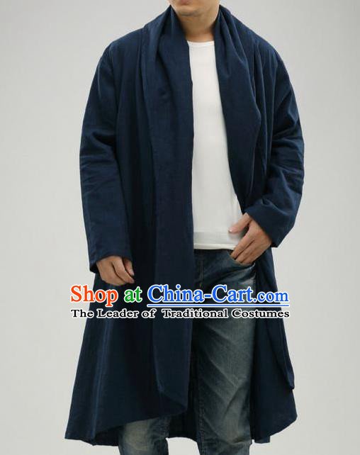 Traditional Top Chinese National Tang Suits Linen Frock Costume, Martial Arts Kung Fu Dark Navy Cardigan, Kung fu Upper Outer Garment Cloak, Chinese Taichi Dust Coats Wushu Clothing for Men