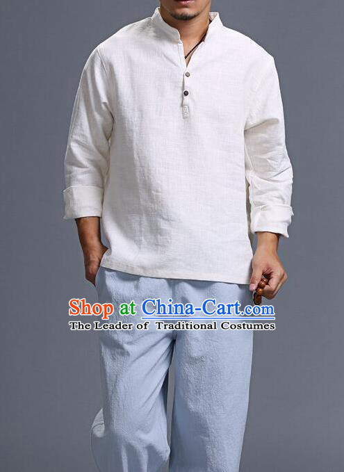 Traditional Top Chinese National Tang Suits Linen Frock Costume, Martial Arts Kung Fu Long Sleeve White T-Shirt, Kung fu Wood Button Upper Outer Garment, Chinese Taichi Shirts Wushu Clothing for Men