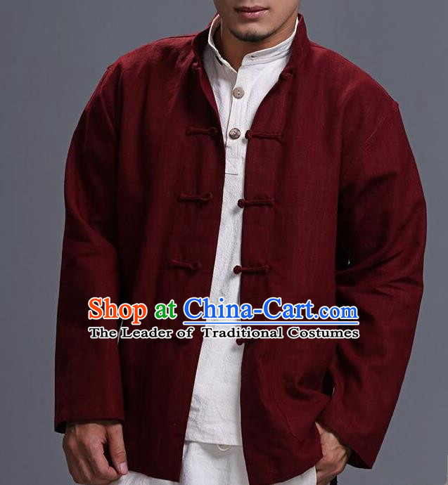 Traditional Top Chinese National Tang Suits Linen Costume, Martial Arts Kung Fu Front Opening Purplish Red Coats, Kung fu Plate Buttons Jacket, Chinese Taichi Short Coats Wushu Clothing for Men