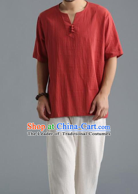 Traditional Top Chinese National Tang Suits Linen Frock Costume, Martial Arts Kung Fu Short Sleeve Carmine T-Shirt, Kung fu Unlined Upper Garment, Chinese Taichi Shirts Wushu Clothing for Men