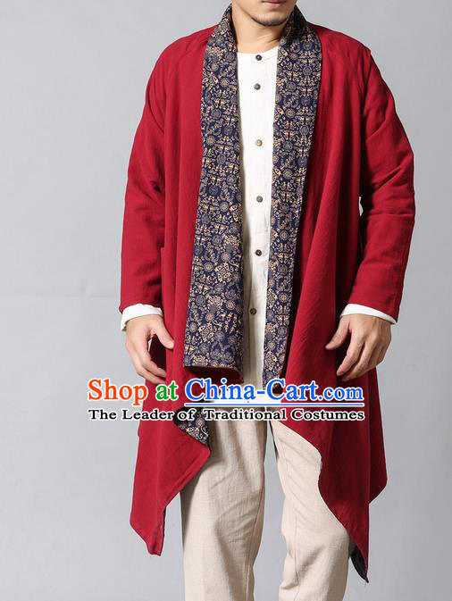 Traditional Top Chinese National Tang Suits Linen Frock Costume, Martial Arts Kung Fu Dark Red Printing Cardigan, Kung fu Double Sided Unlined Upper Garment, Chinese Taichi Dust Coats Wushu Clothing for Men