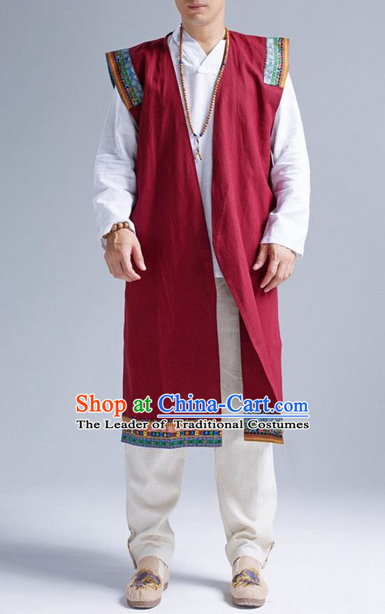 Traditional Top Chinese National Tang Suits Linen Frock Costume, Martial Arts Kung Fu Dark Red Embroidered Cardigan, Kung fu Unlined Upper Garment, Chinese Taichi Vest Coats Wushu Clothing for Men