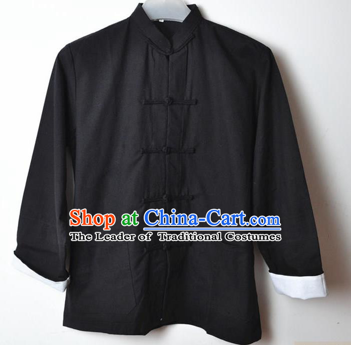 Traditional Top Chinese National Tang Suits Linen Costume, Martial Arts Kung Fu Front Opening Black Coats, Kung fu Plate Buttons Jacket, Chinese Taichi Short Coats Wushu Clothing for Men