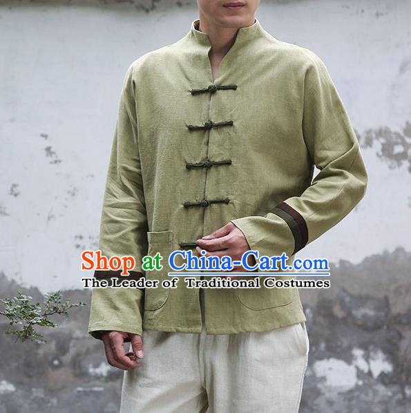 Traditional Top Chinese National Tang Suits Linen Frock Costume, Martial Arts Kung Fu Embroidery Totem Slant Opening Green Shirt, Kung fu Plate Buttons Thin Upper Outer Garment Jacket, Chinese Taichi Thin Coats Wushu Clothing for Men