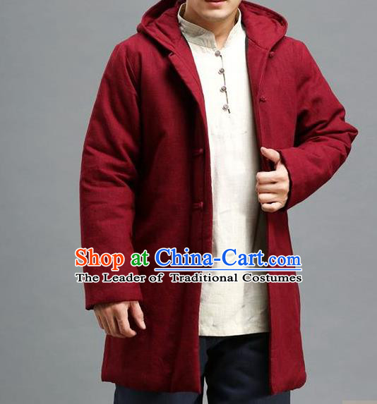 Traditional Top Chinese National Tang Suits Linen Costume, Martial Arts Kung Fu Front Opening Dark Red Hooded Coats, Chinese Kung fu Plate Buttons Jacket, Chinese Taichi Cotton-Padded Short Coats Wushu Clothing for Men