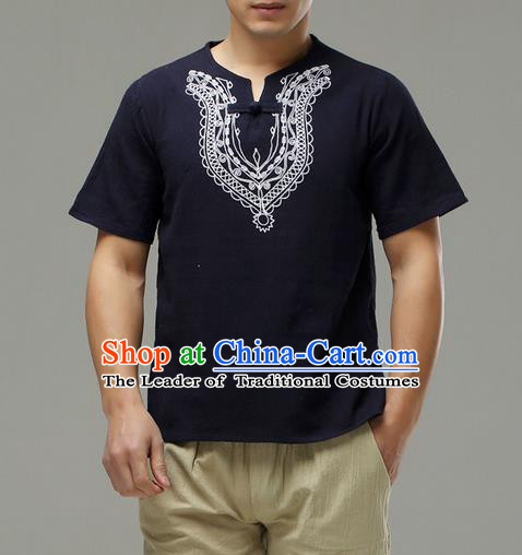 Traditional Top Chinese National Tang Suits Linen Costume, Martial Arts Kung Fu Embroidery Short Sleeve Navy T-Shirt, Chinese Kung fu Plate Buttons Upper Outer Garment Blouse, Chinese Taichi Thin Shirts Wushu Clothing for Men