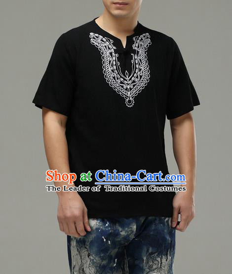 Traditional Top Chinese National Tang Suits Linen Costume, Martial Arts Kung Fu Embroidery Short Sleeve Black T-Shirt, Chinese Kung fu Plate Buttons Upper Outer Garment Blouse, Chinese Taichi Thin Shirts Wushu Clothing for Men