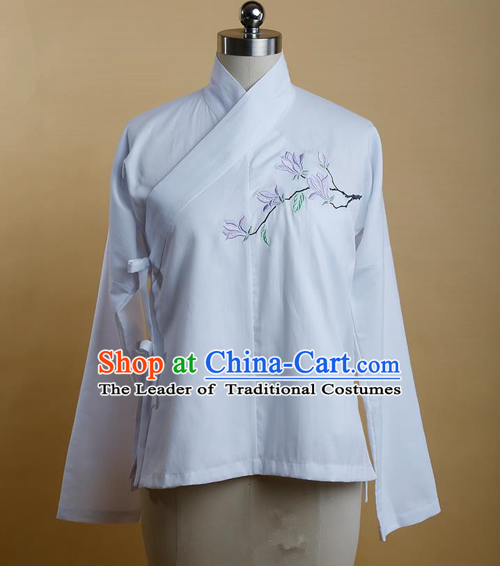 Traditional Ancient Chinese Female Costume, Elegant Hanfu Clothing Chinese Ming Dynasty Imperial Princess Embroidered Hibiscus Rosa-Sinensis White Blouse for Women