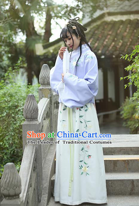 Traditional Ancient Chinese Female Costume Blouse and Dress Complete Set, Elegant Hanfu Clothing Chinese Ming Dynasty Palace Lady Embroidered Gardenia Clothing for Women