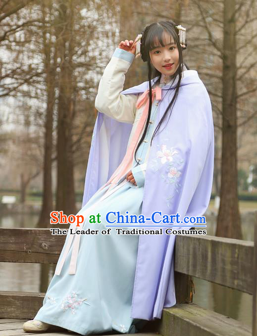 Traditional Ancient Chinese Female Costume Cardigan, Elegant Hanfu Long Cloak Chinese Ming Dynasty Palace Lady Embroidered Paeonia Lactiflora Hooded Cape Clothing for Women