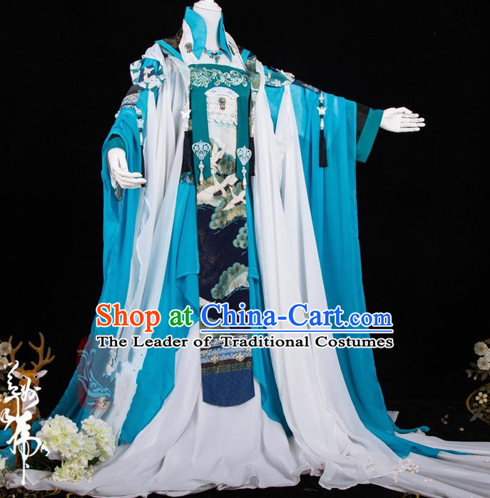 Traditional Ancient Chinese Palace Queen Costume, Elegant Hanfu Cosplay Fairy Wide Sleeve Dress Chinese Tang Dynasty Imperial Empress Embroidery Crane Phoenix Tailing Clothing for Women