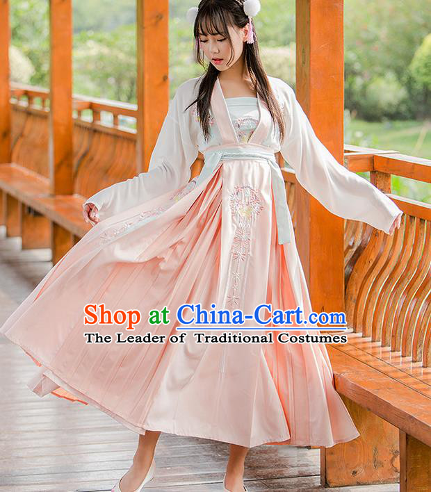 Traditional Ancient Chinese Female Costume Blouse and Dress Complete Set, Elegant Hanfu Clothing Chinese Song Dynasty Palace Princess Embroidered Flowers Clothing for Women