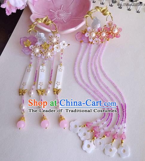 Traditional Handmade Chinese Ancient Classical Hair Accessories Barrettes Hairpin, Pink Shell Pearl Tassel Hair Sticks Hair Jewellery, Hair Fascinators Hairpins for Women