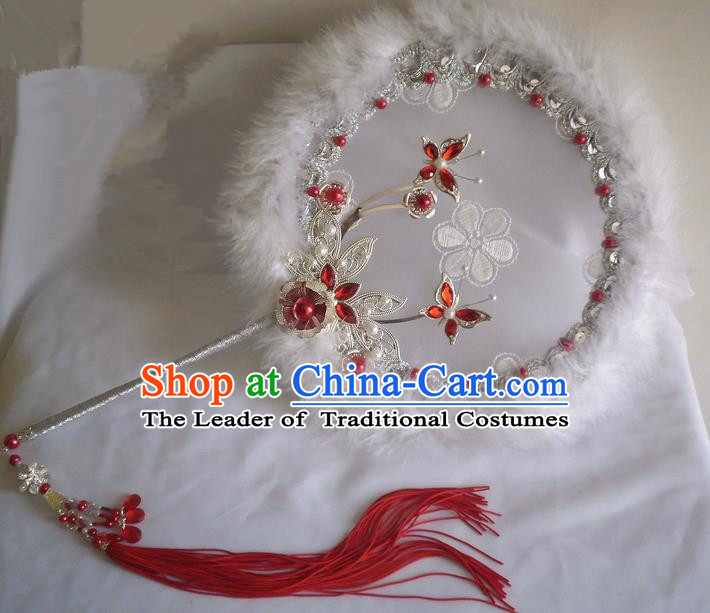 Traditional Chinese Handmade Ancient Hanfu Cosplay Red Feather Round Pearl Fan Props for Women