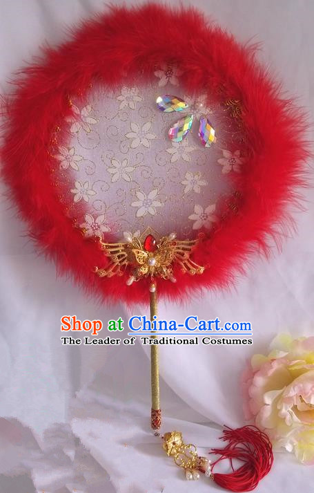 Traditional Chinese Handmade Ancient Hanfu Cosplay Round Embroidered Red Fan Props for Women