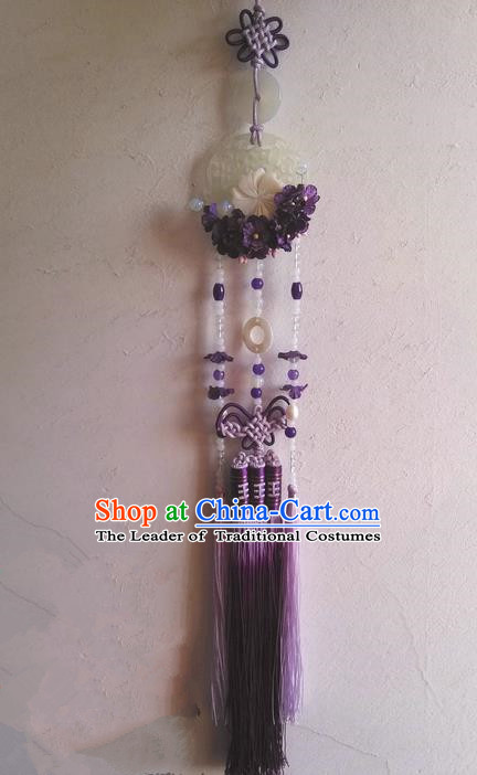 Traditional Chinese Handmade Ancient Hanfu Waist Jewelry Jade Wearing Purple Agate Flowers Pendant Sword Tassel for Women