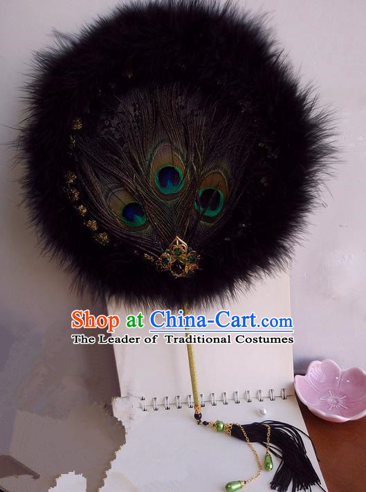 Traditional Chinese Handmade Ancient Hanfu Cosplay Round Peacock Feathers Fan Props for Women