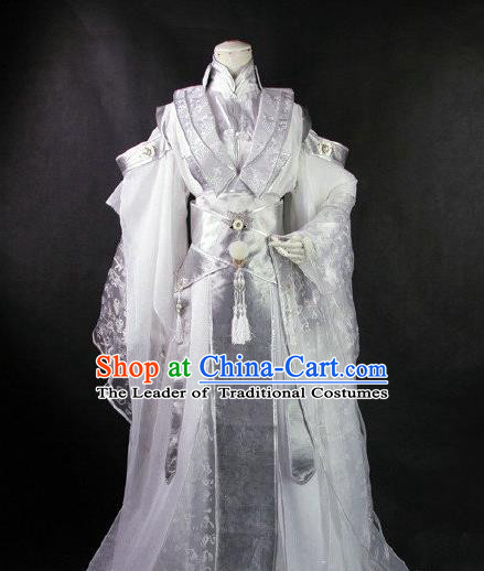 Traditional Ancient Chinese Imperial Emperor White Costume, Ancient Swordsman Elegant Hanfu Clothing Chinese Tang Dynasty Imperial King Cosplay Tailing Embroidered Dress for Men