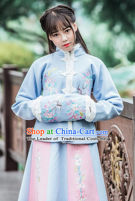 Traditional Ancient Chinese Embroidered Hanfu Muff Embroidered Swallow Blue Handwarmers for Women