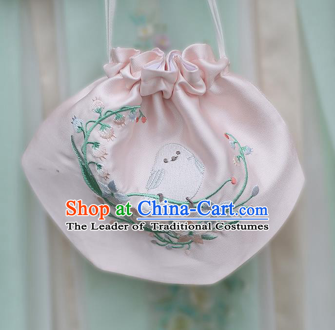 Traditional Ancient Chinese Embroidered Hanfu Handbags Embroidered Bird Pink Bag for Women