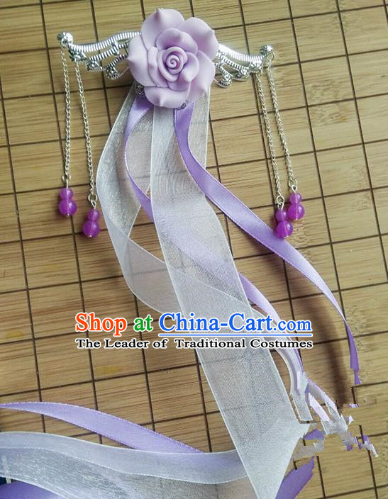 Traditional Handmade Chinese Ancient Princess Classical Accessories Jewellery Hanfu Hair Sticks Long Ribbon Lilac Hair Claws, Hair Fascinators Hairpins for Women