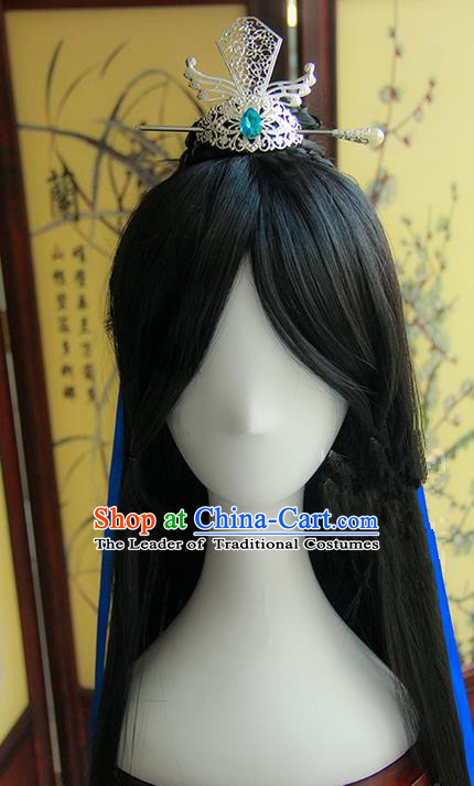 Traditional Handmade Ancient Chinese Tang Dynasty Imperial Prince Hair Decoration and Wig Complete Set, Ancient Chinese Swordsman Headwear and Wig for Men