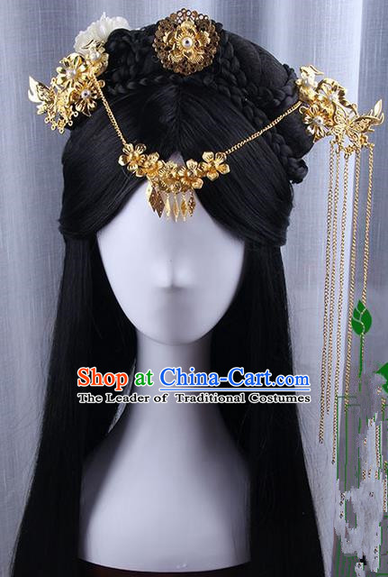 Traditional Handmade Ancient Chinese Tang Dynasty Imperial Empress Wedding Hair Decoration and Wig Complete Set, Ancient Chinese Cosplay Fairy Queen Peony Headwear and Wig for Women