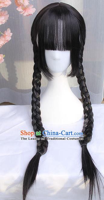 Traditional Handmade Ancient Chinese Qing Dynasty Wig, Ancient Chinese Hanfu Cosplay Republic of China Student Wig for Women