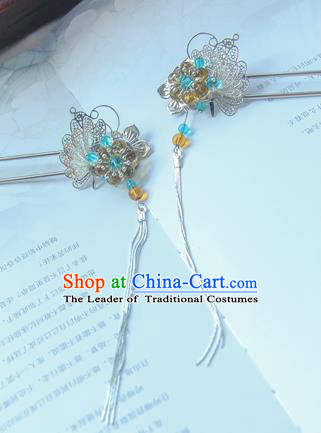 Traditional Handmade Chinese Ancient Princess Classical Hanfu Accessories Jewellery Blue Butterfly Hair Sticks Hair Step Shake, Tassel Hair Fascinators Hairpins for Women