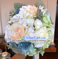 Top Grade Classical Wedding Silk Flowers, Bride Holding Emulational Blue Flowers, Hand Tied Bouquet Flowers for Women