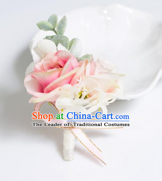 Top Grade Classical Wedding Silk Flowers,Groom Emulational Corsage Groomsman Pink Brooch Flowers for Men