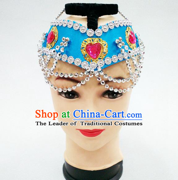 Traditional Chinese Mongol Nationality Dancing Accessories Headdress, Mongolian Folk Dance Ethnic Headwear Top Bowl Dance Blue Hat for Women