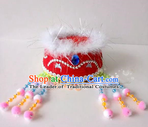 Traditional Chinese Mongol Nationality Dancing Accessories Headdress, Mongolian Kids Folk Dance Ethnic Headwear China Minority Palace Princess Dance Red Hat for Children