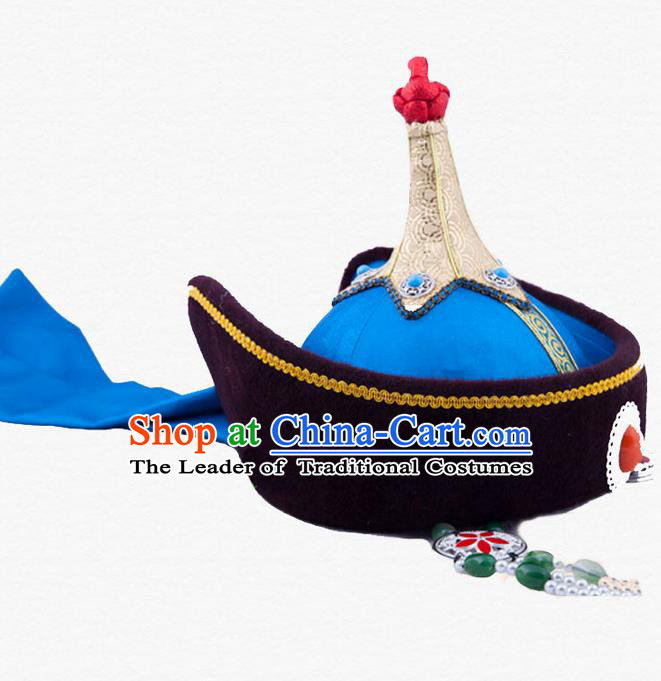 Traditional Chinese Mongol Nationality Dancing Accessories Headdress, Mongolian Folk Dance Ethnic Headwear China Mongolian Minority Palace Princess Wedding Blue Hat for Women