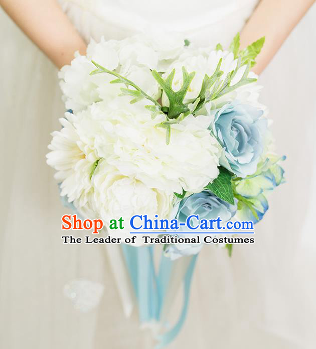 Top Grade Classical Wedding Silk Flowers Blue Ball, Bride Holding Emulational Flowers, Hand Tied Bouquet Flowers for Women