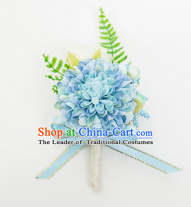 Top Grade Classical Wedding Silk Flowers,Groom Emulational Corsage Groomsman Blue Brooch Flowers for Men