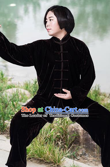 Traditional Chinese Top Pleuche Kung Fu Costume Martial Arts Kung Fu Training Brown Plated Buttons Uniform, Tang Suit Gongfu Shaolin Wushu Clothing, Tai Chi Taiji Teacher Suits Uniforms for Women