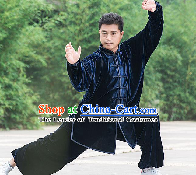 Traditional Chinese Top Pleuche Kung Fu Costume Martial Arts Kung Fu Training Royalblue Plated Buttons Uniform, Tang Suit Gongfu Shaolin Wushu Clothing, Tai Chi Taiji Teacher Suits Uniforms for Men