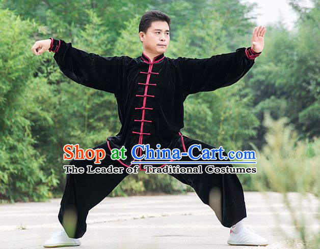 Traditional Chinese Top Pleuche Kung Fu Costume Martial Arts Kung Fu Training Black Plated Buttons Uniform, Tang Suit Gongfu Shaolin Wushu Clothing, Tai Chi Taiji Teacher Suits Uniforms for Men