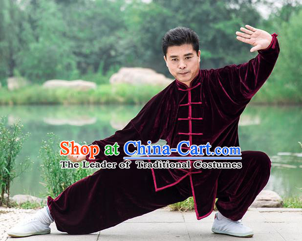 Traditional Chinese Top Pleuche Kung Fu Costume Martial Arts Kung Fu Training Wine Red Plated Buttons Uniform, Tang Suit Gongfu Shaolin Wushu Clothing, Tai Chi Taiji Teacher Suits Uniforms for Men