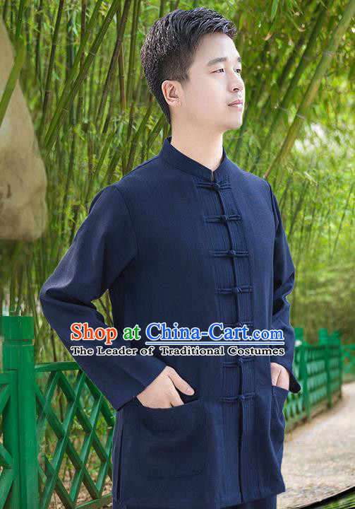 Traditional Chinese Top Linen Kung Fu Costume Martial Arts Kung Fu Training Long Sleeve Navy Uniform, Tang Suit Gongfu Shaolin Wushu Clothing, Tai Chi Taiji Teacher Suits Uniforms for Men