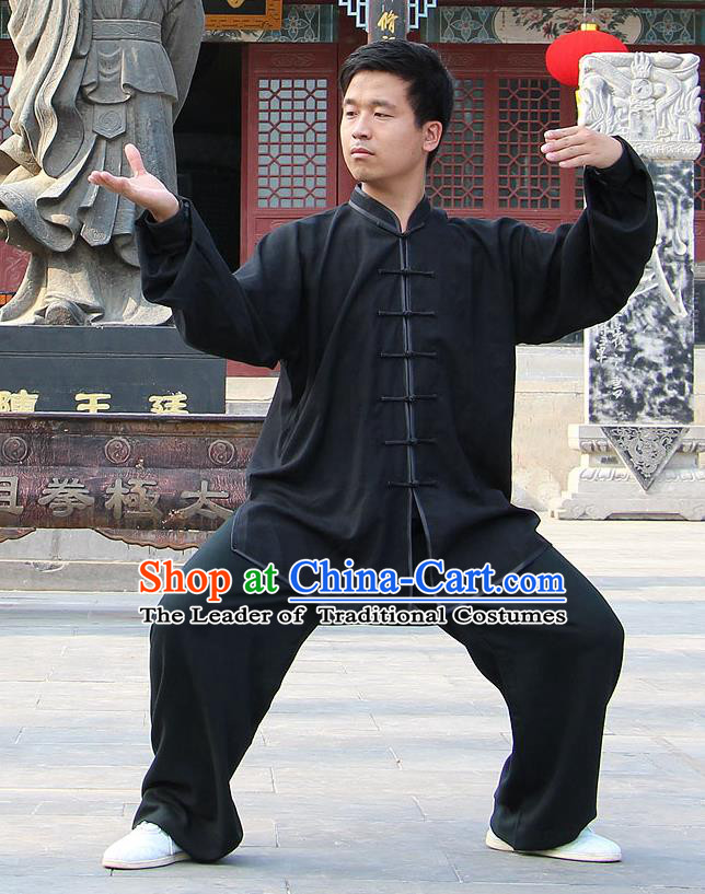 Traditional Chinese Top Linen Kung Fu Costume Martial Arts Kung Fu Training Black Uniform, Tang Suit Gongfu Shaolin Wushu Clothing, Tai Chi Taiji Teacher Suits Uniforms for Men