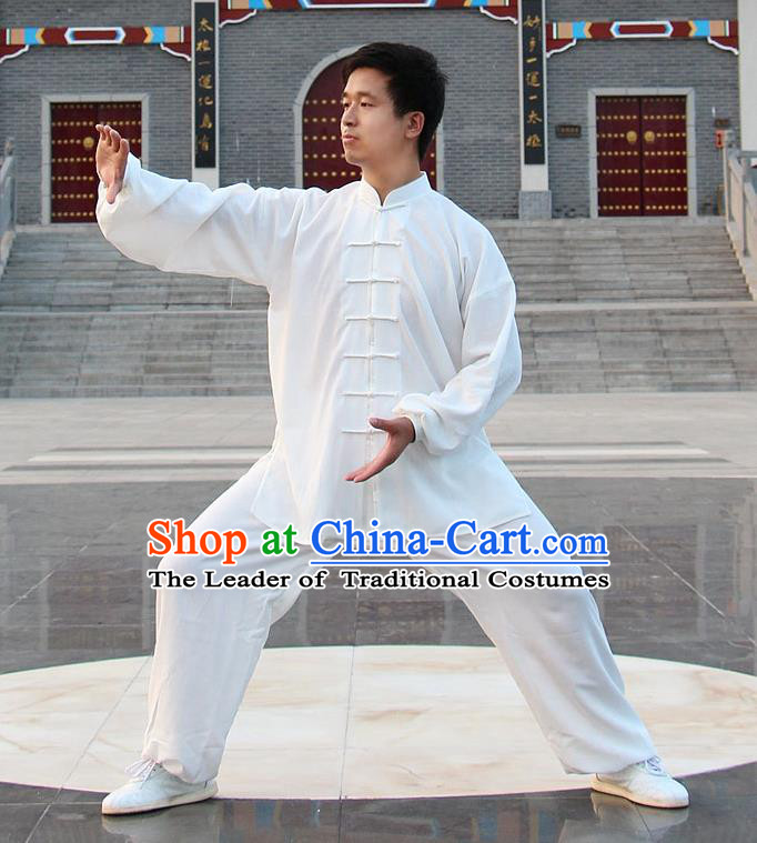 Traditional Chinese Top Linen Kung Fu Costume Martial Arts Kung Fu Training White Uniform, Tang Suit Gongfu Shaolin Wushu Clothing, Tai Chi Taiji Teacher Suits Uniforms for Men