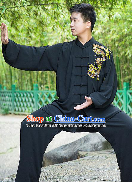 Traditional Chinese Top Linen Kung Fu Costume Martial Arts Kung Fu Training Embroidery Gragon Black Uniform, Tang Suit Gongfu Shaolin Wushu Clothing, Tai Chi Taiji Teacher Suits Uniforms for Men